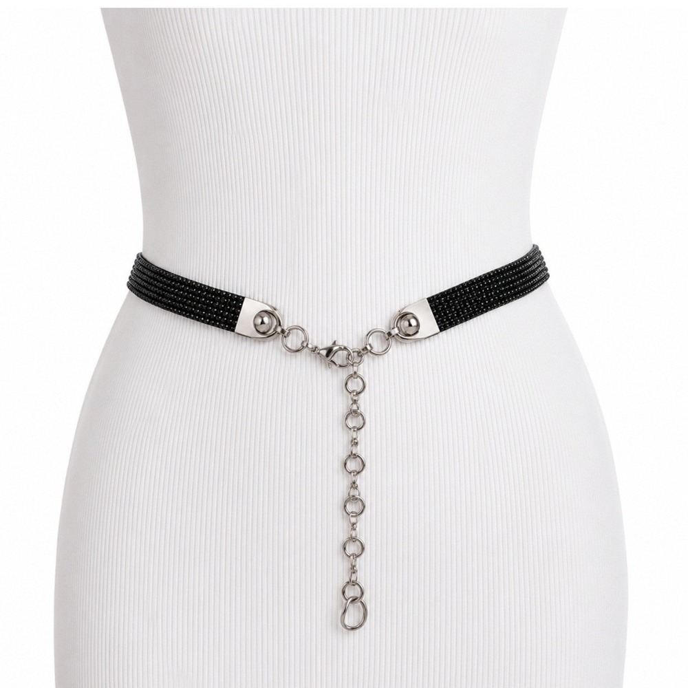 Rhinestone Chain Belt Women OS Black Silver Tone Y2K Edgy Adjustable Slim